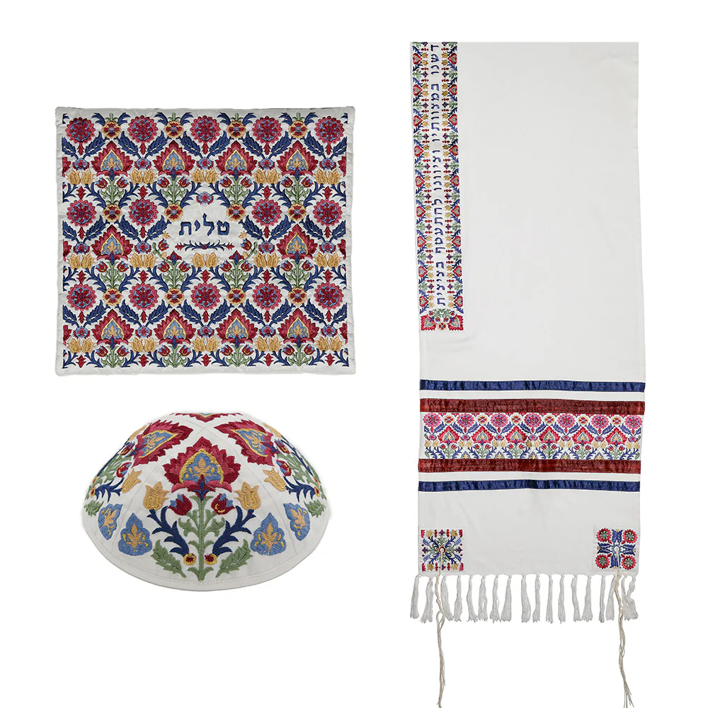 Tallit Set, Jewel Tone Floral Design, Cotton and Poly Silk Detail