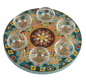Seder Plate, Hand Painted Wood with Glass Bowls, Aqua with Orange Dots and Yellow Florals