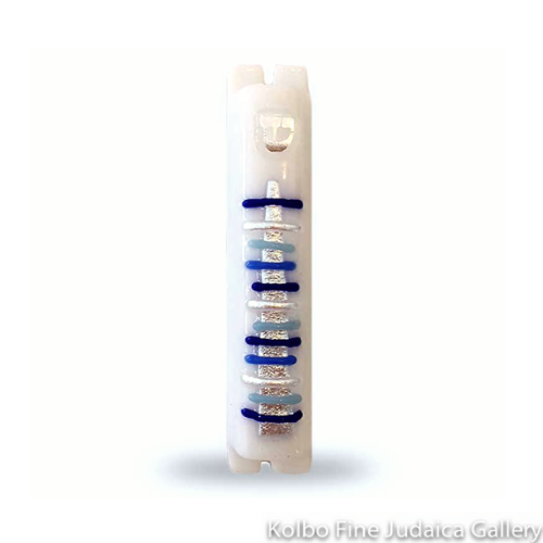 Mezuzah, Fused Glass, White Backing With Multi Blue and Silver Striping