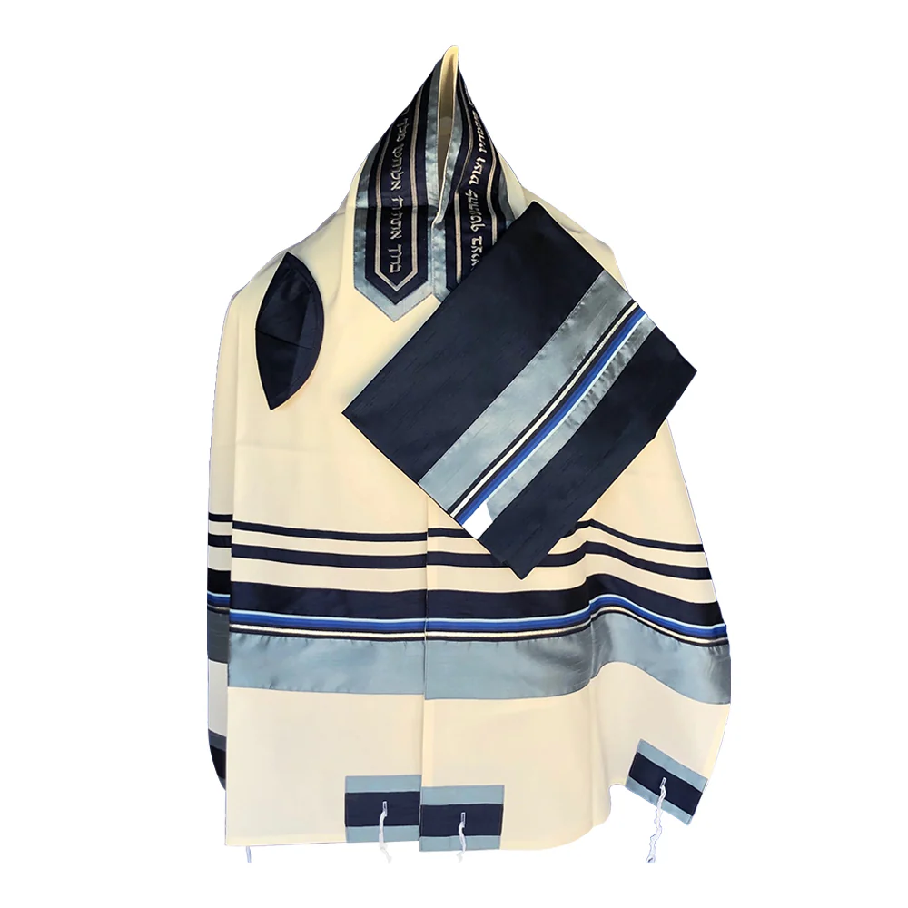 Tallit Set, Multi Blue Stripes with Silver Detail, Brushed Cotton