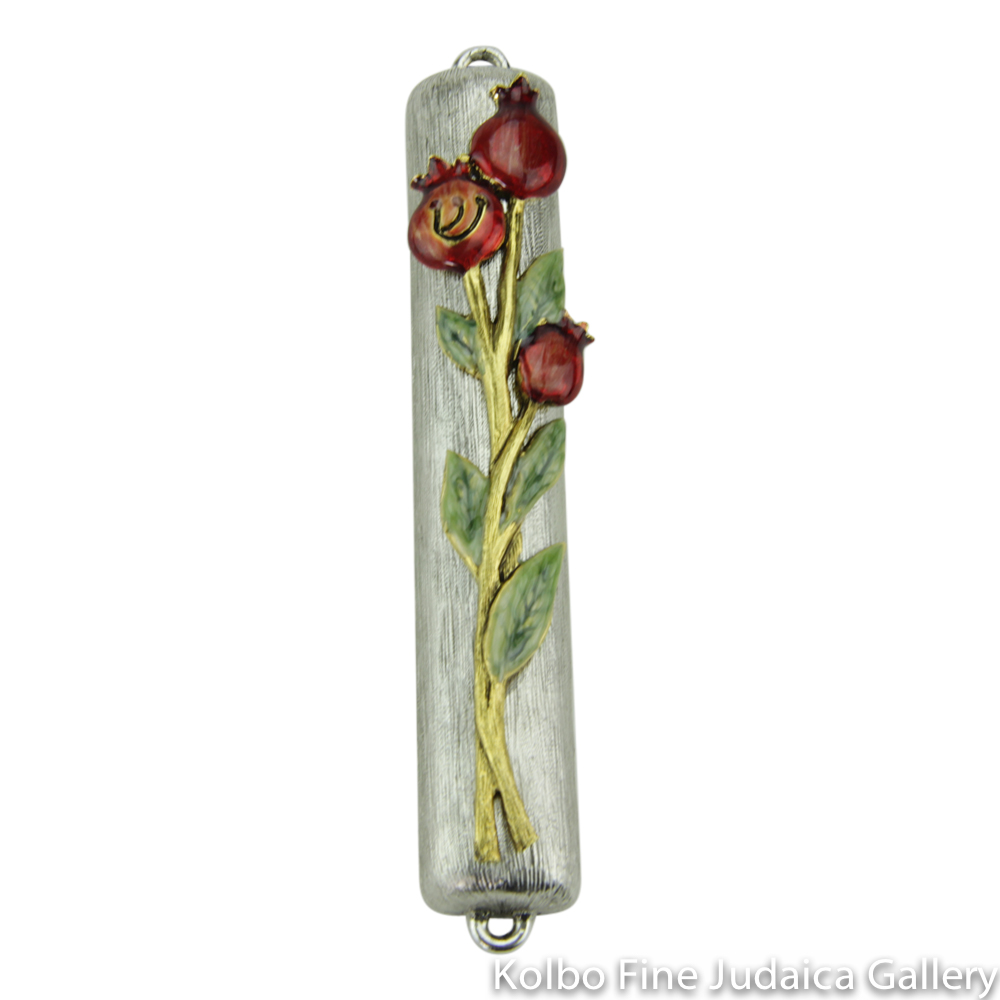 Mezuzah, Pomegranate Design, Pewter with Enamel