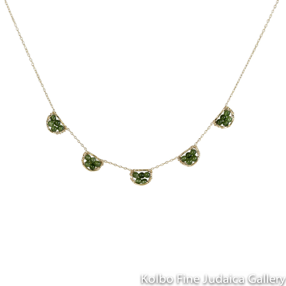 Necklace, Five Green Jade Beaded Petals, Gold-Filled