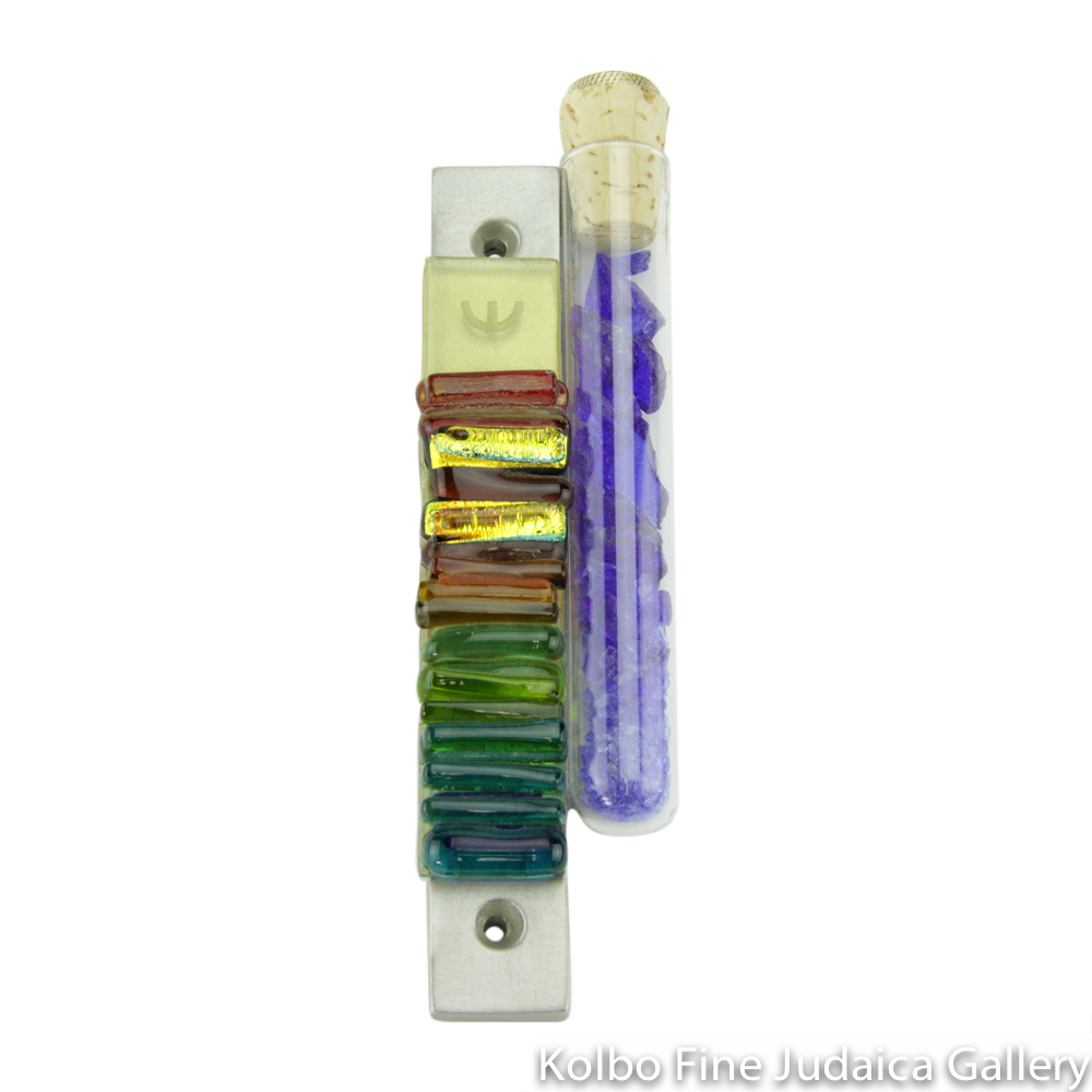 Wedding Glass Mezuzah, Iridescent Rainbow Glass, Tube on Side for Glass Shards, IC Collection