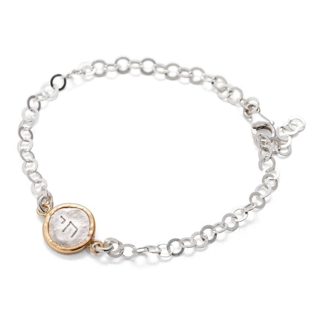 Bracelet, Chai In Circular Setting, Sterling Silver with Gold Filled Detail
