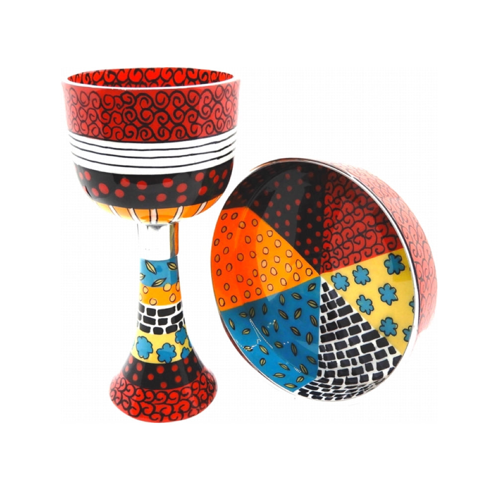 Kiddush Cup and Saucer, Multicolor Red, Orange and Yellow Design, Hand Painted Enamel