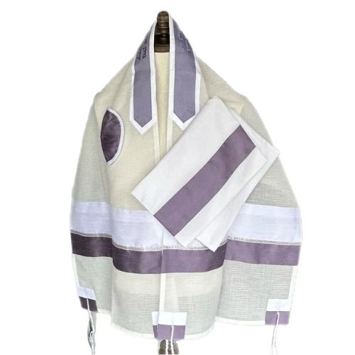 Tallit Set, Purple Band with Silver Detail, Fine White Cotton