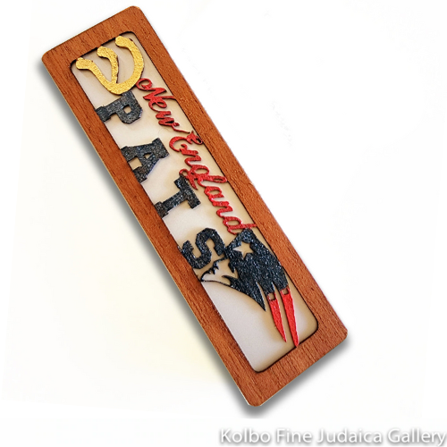 Mezuzah, NE Patriots, Cut Wood and Aluminum Base, Silver Background