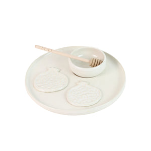 Honey and Apple Set, White Glaze with Pomegranates, High-Fired Ceramic