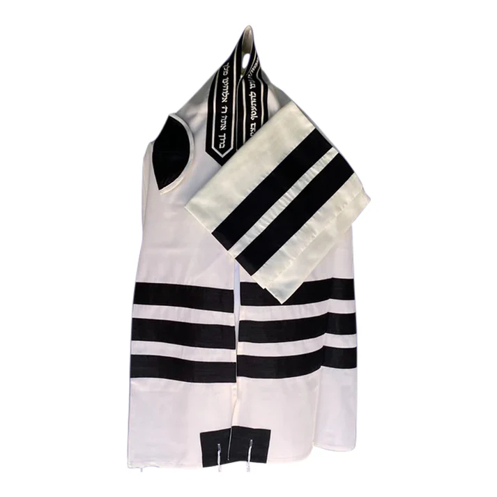Tallit Set, Black Raw Silk Stripes on White Cotton