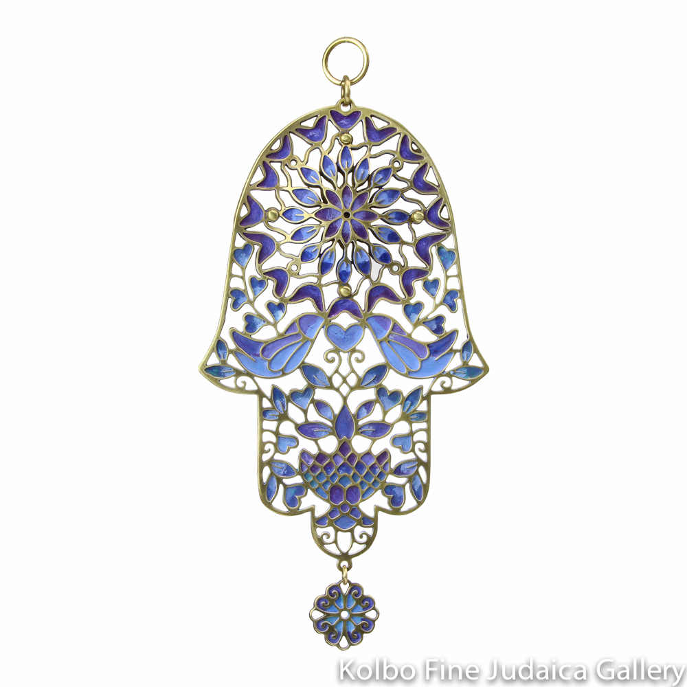 Hamsa, Doves Design, Blue and Deep Purple Enamel on Hand Crafted Brass