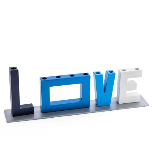 Menorah, Love, Multi Blue Design on Magnetic Base, Anodized Aluminum