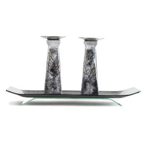 Candlestick Tray, Hand Painted Multi-Gray Tones, Glass