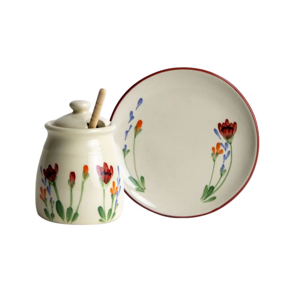 Honey and Apple Set, Poppy Design, Wheel-Thrown Ceramic