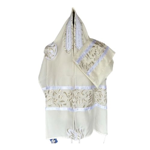 Tallit Set, White and Gold Paisley Leaf, Brushed Cotton