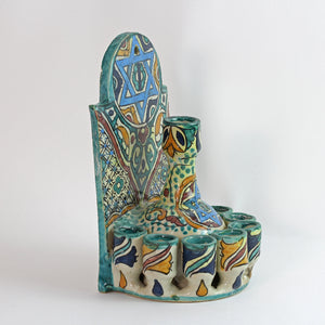 Menorah, Oil, Fountain Style, Teal Ceramic, Hand-Painted in Morocco