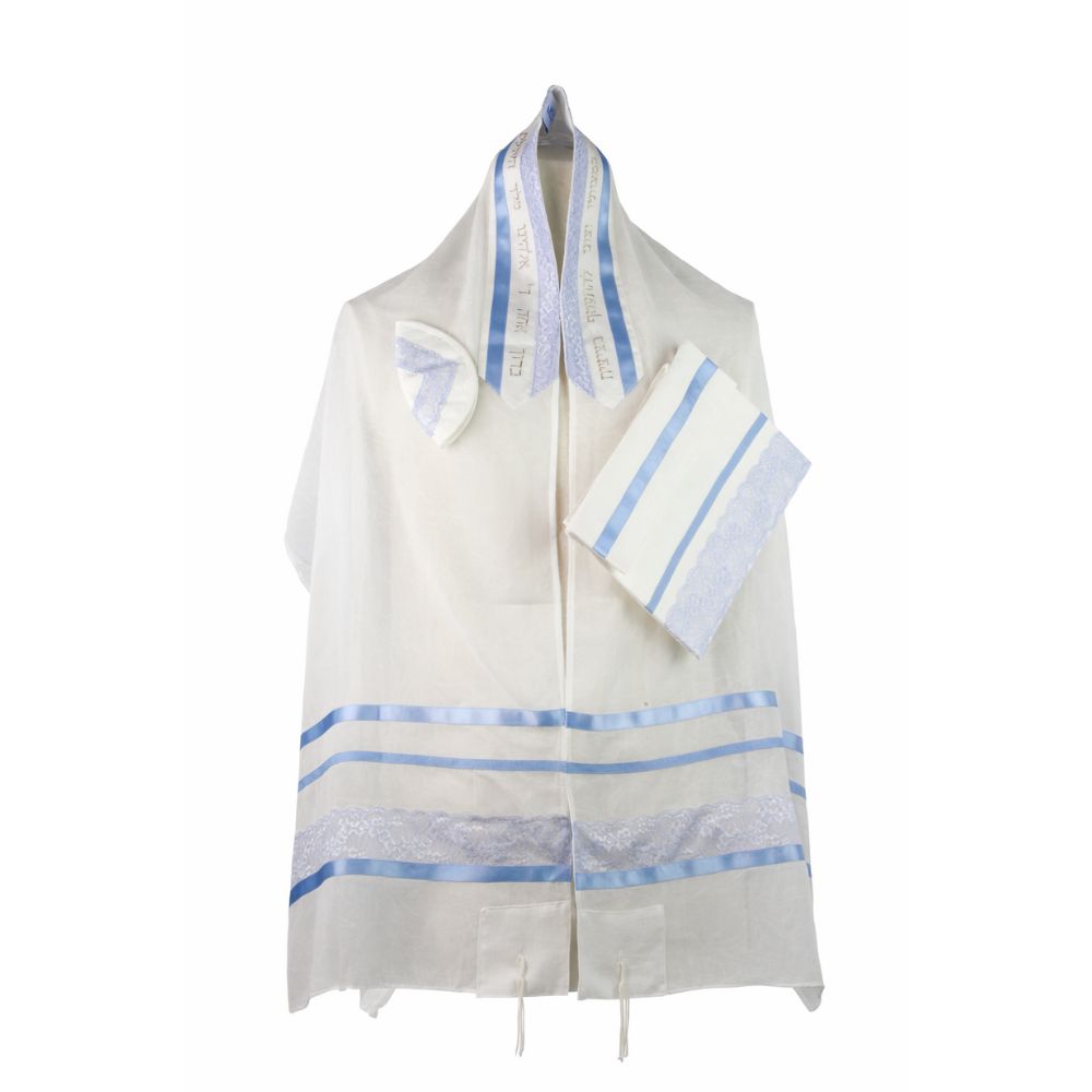 Tallit Set, Blue with Detailed Silver Ribbons, Fine Wool, 22x80