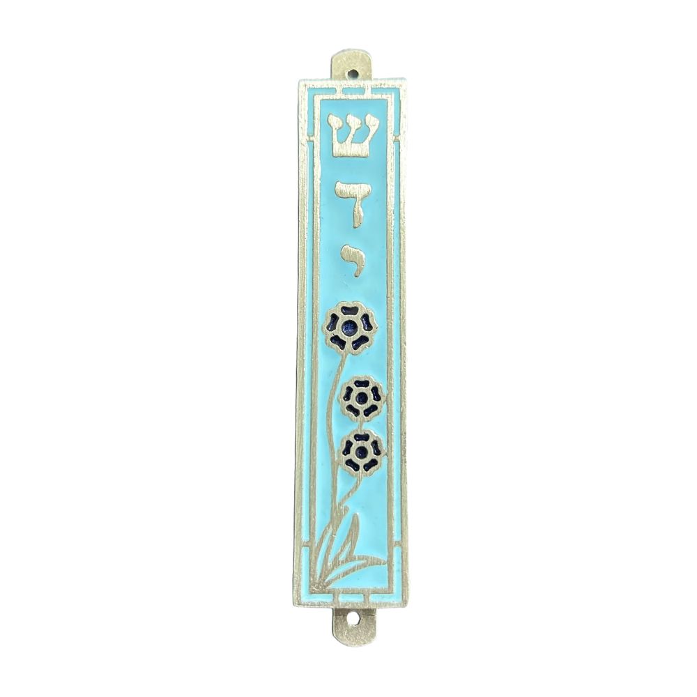 Mezuzah, Light Blue with Flowers, Pewter