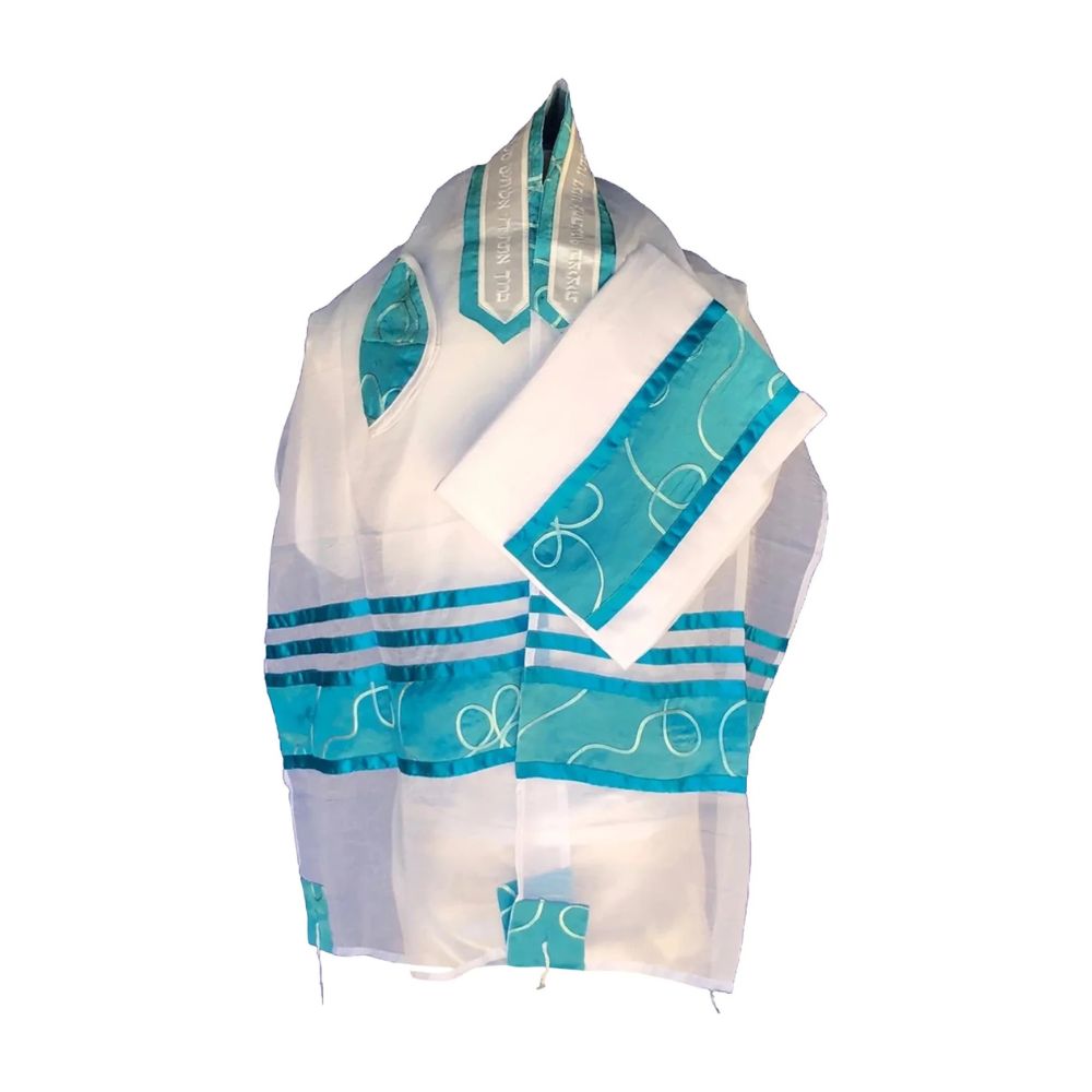 Tallit Set, Turquoise Aqua Swirl Design and Striping on Chiffon