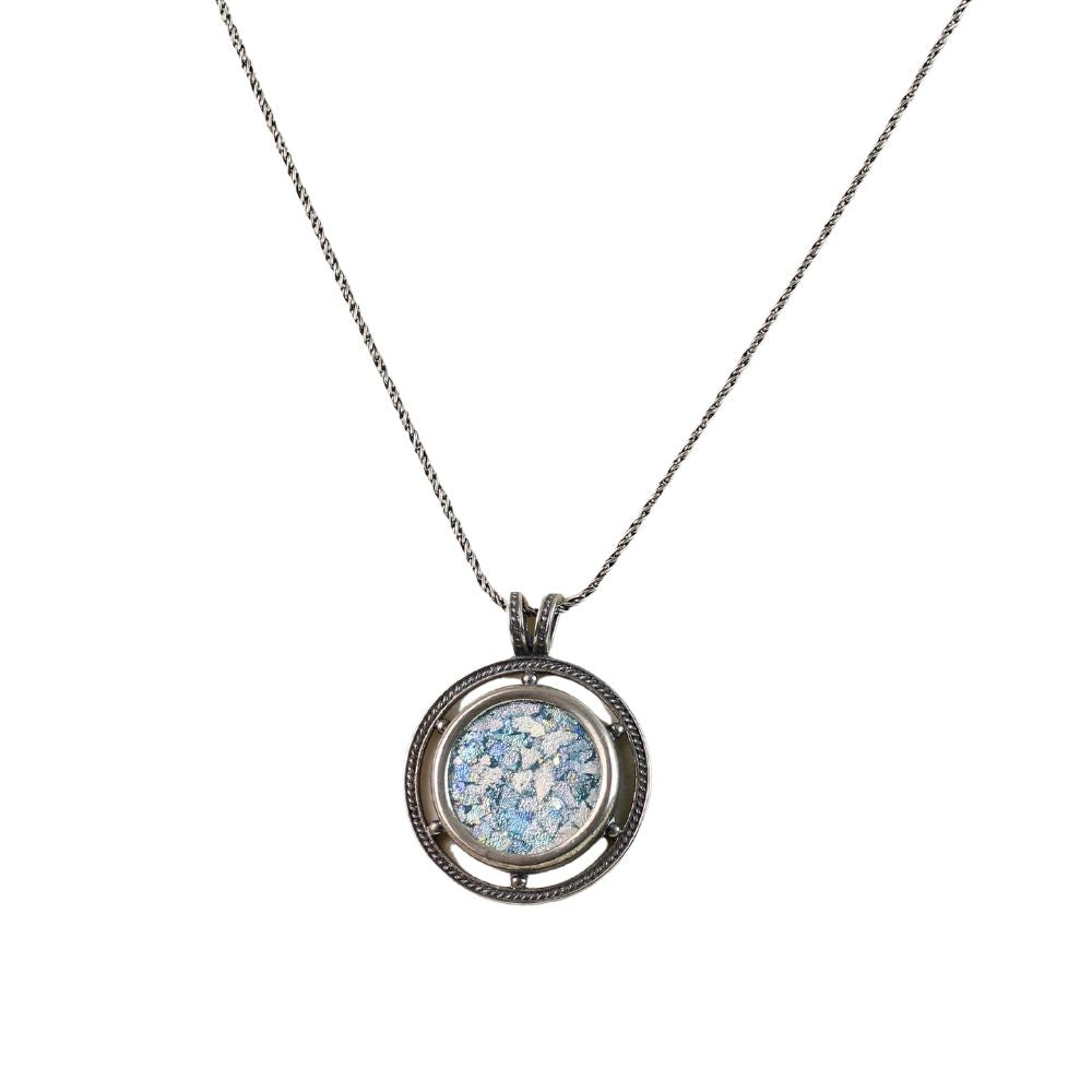 Necklace, Circular Roman Glass Piece with Dotted Sterling Silver Detail