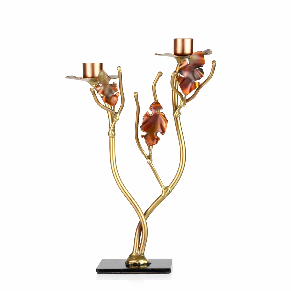 Candlesticks, Uneven Height with Metallic Leaves, Brass and Copper