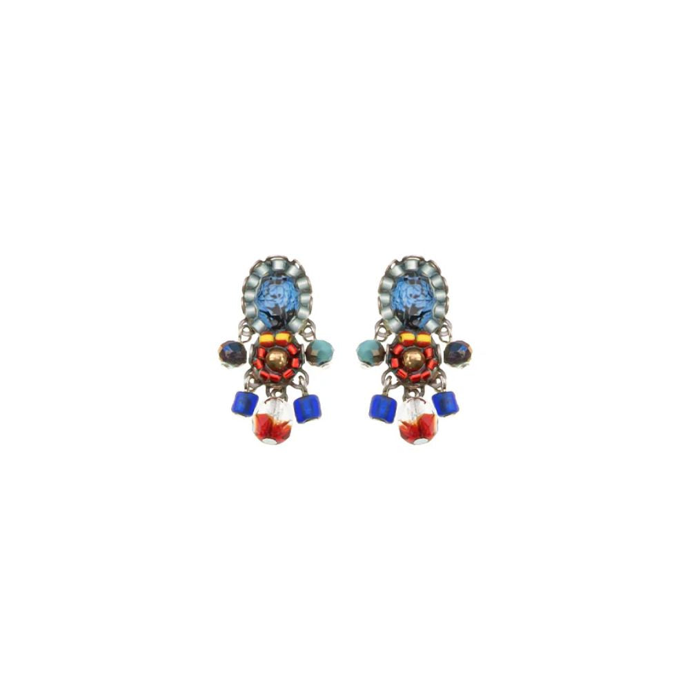 Earrings, Blue, Red and Turquoise Detailed Beading on Wire