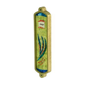 Mezuzah, Papers and Wood, Rectangular, Lime and Teal