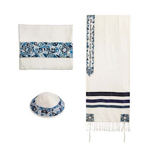 Tallit Set, Star Design in Blue