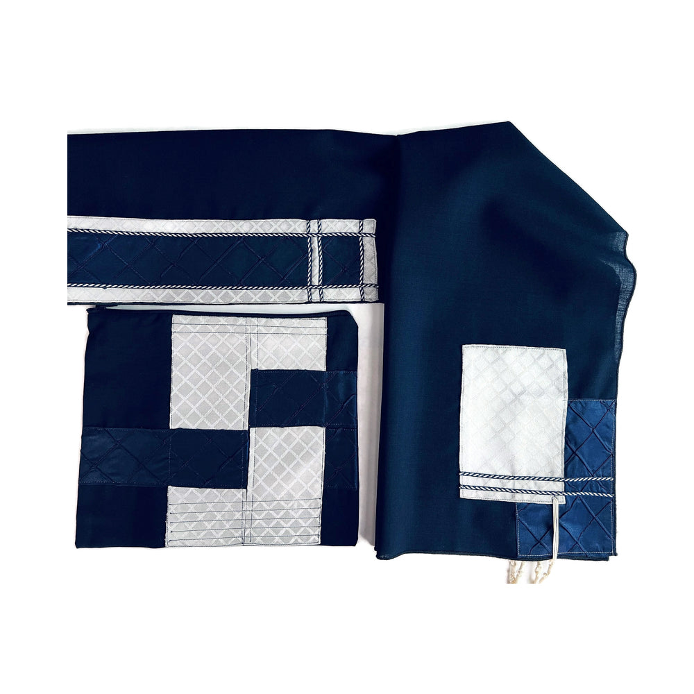 Tallit Set, Dark Blue, Navy and Silver Diamond Detail, One-Of-A-Kind
