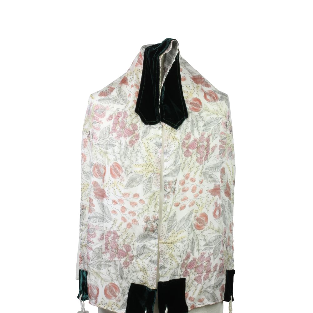 Tallit, Floral Pomegranate Design, Hand Printed, Silk with Green Velvet,13 x 72