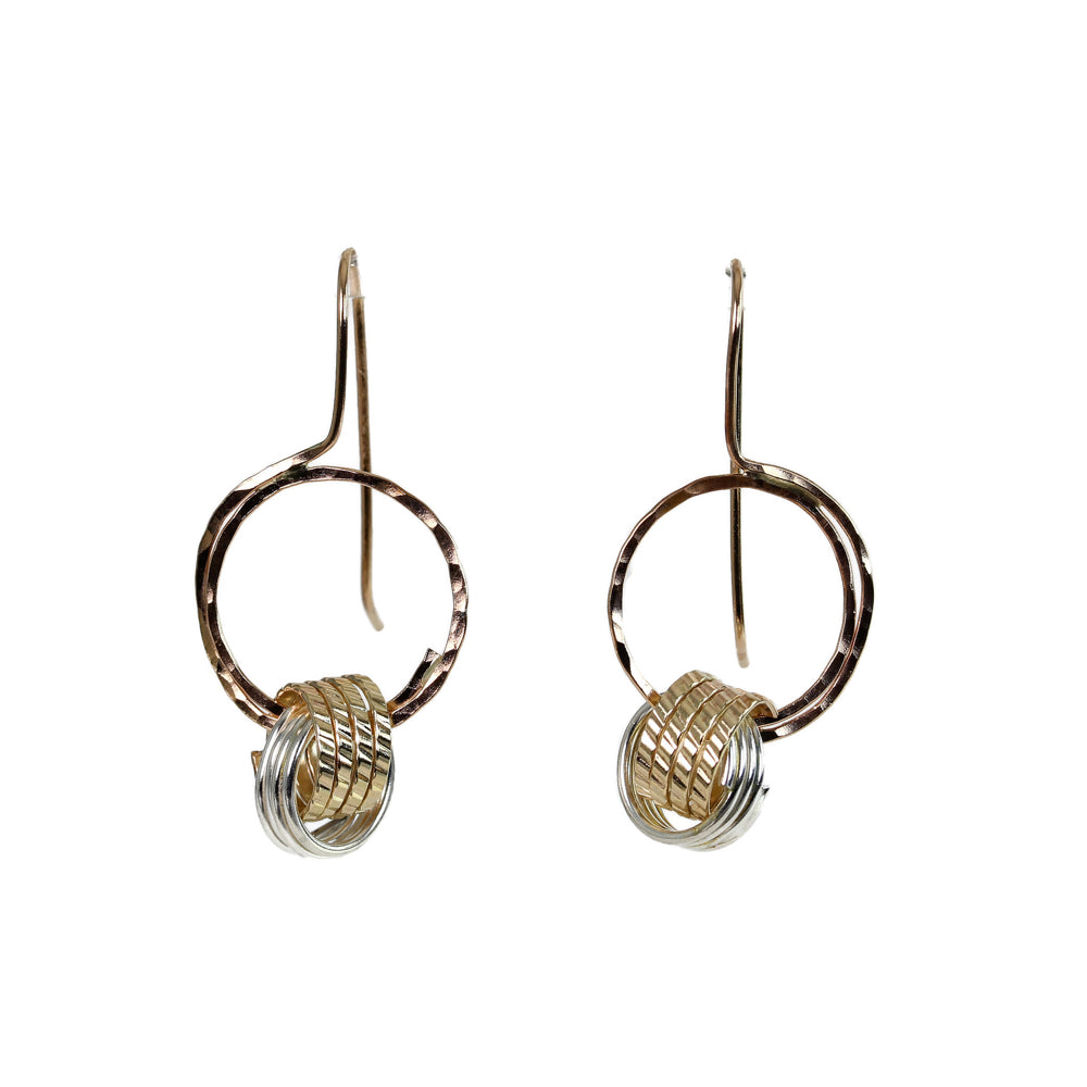 Earrings, Hammered Circles with Intertwined Rings of Sterling Silver and Gold Fill