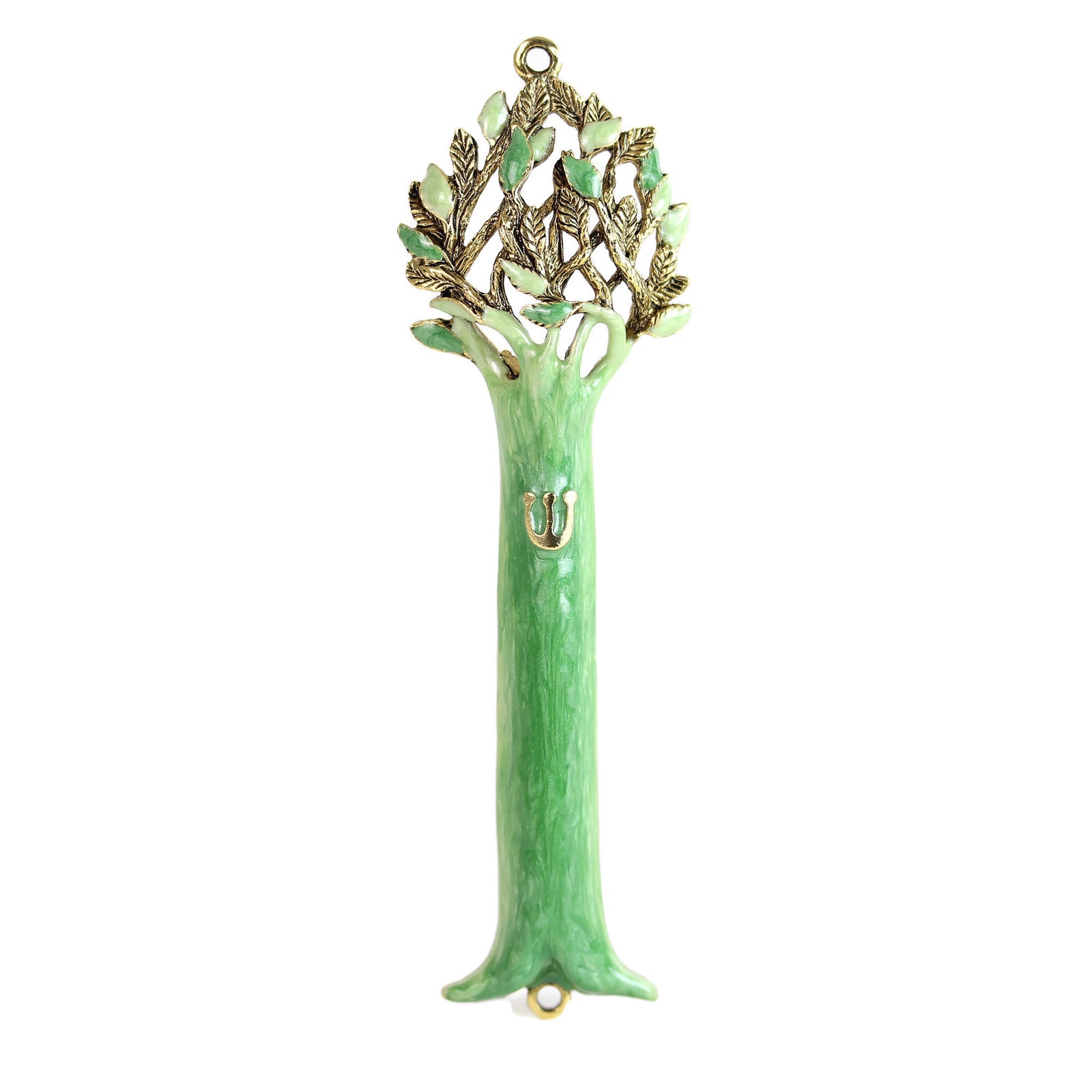 Mezuzah, Tree of Life Design in Green and Gold, Pewter with Enamel