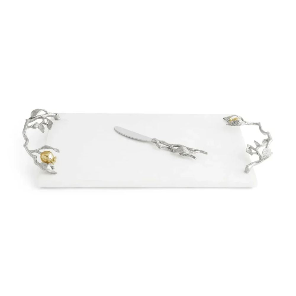 Challah Board, Pomegranate, Marble, 24K Goldtone, Knife Included