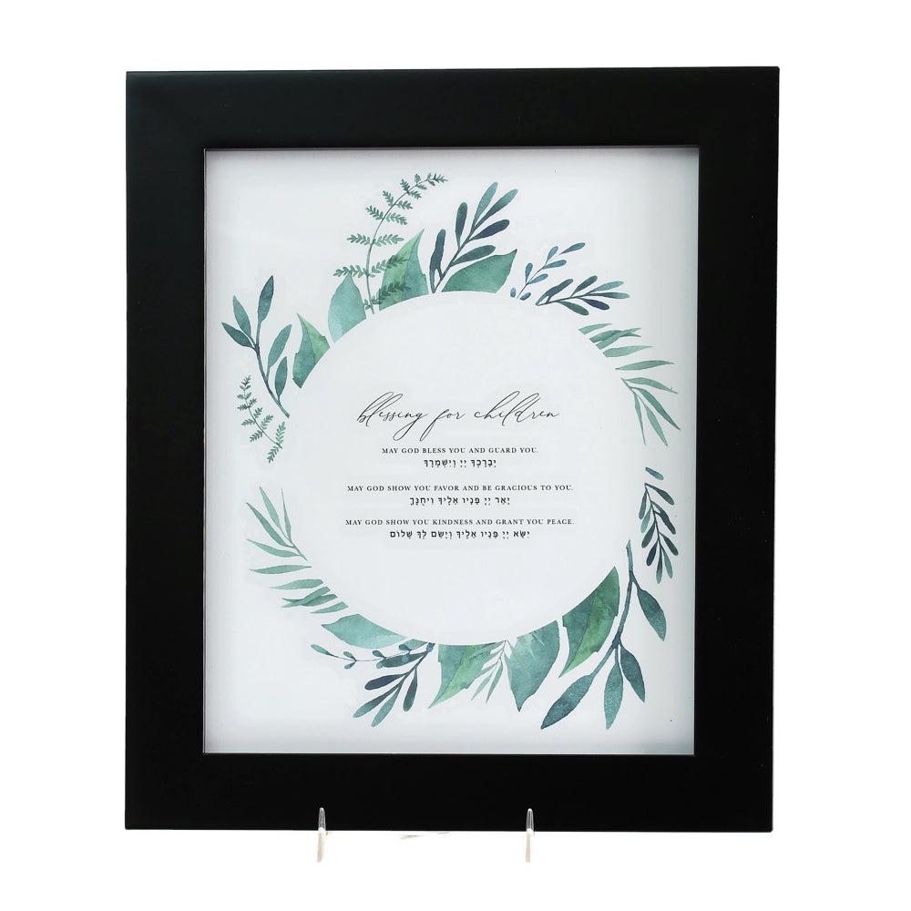 Blessing For Children, English and Hebrew, Green Leaf Design, Black Frame