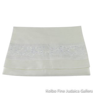 Tallit Set, Embroidered Vine Design in White on White Brushed Cotton