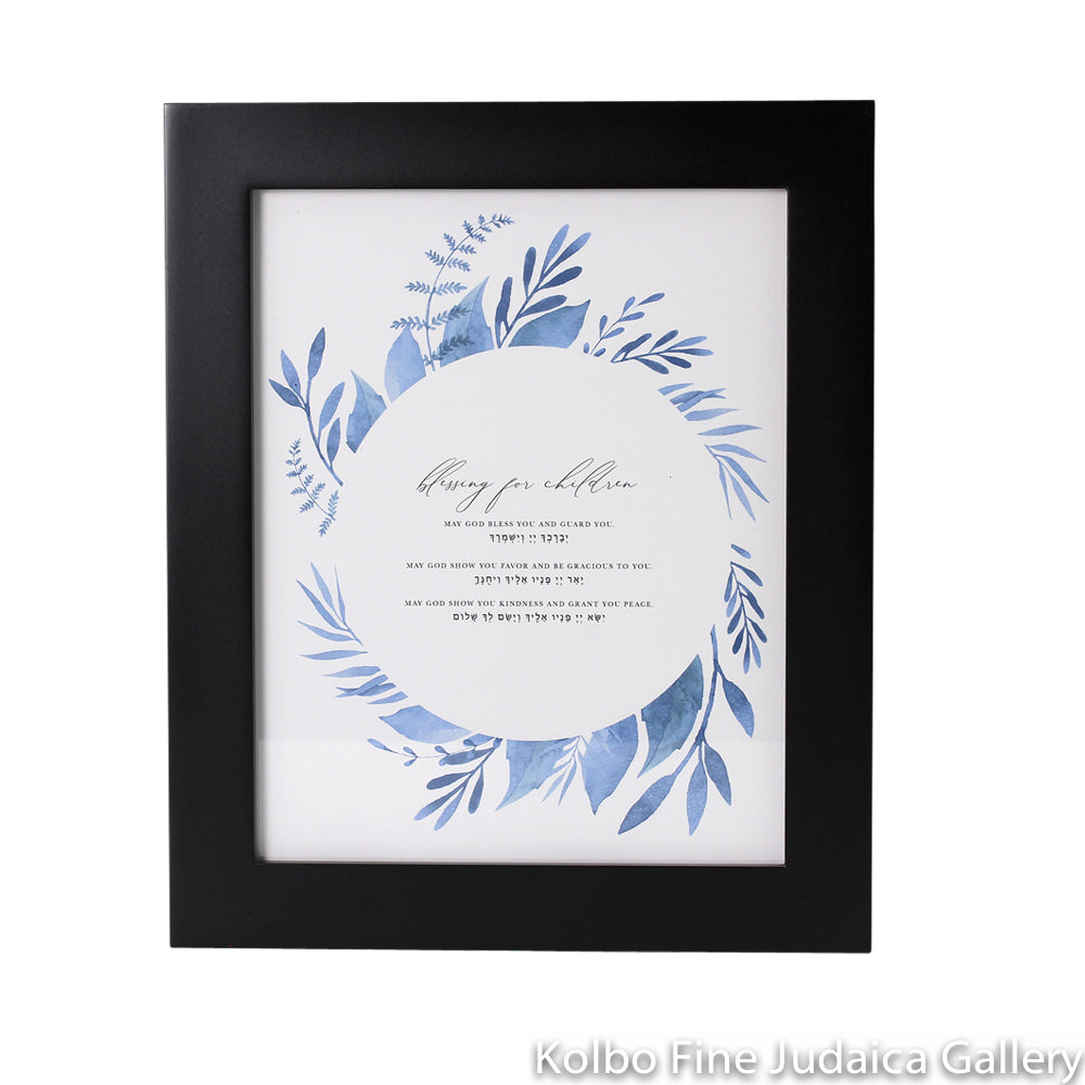 Blessing For Children, English and Hebrew, Blue Leaf Design, Black Frame