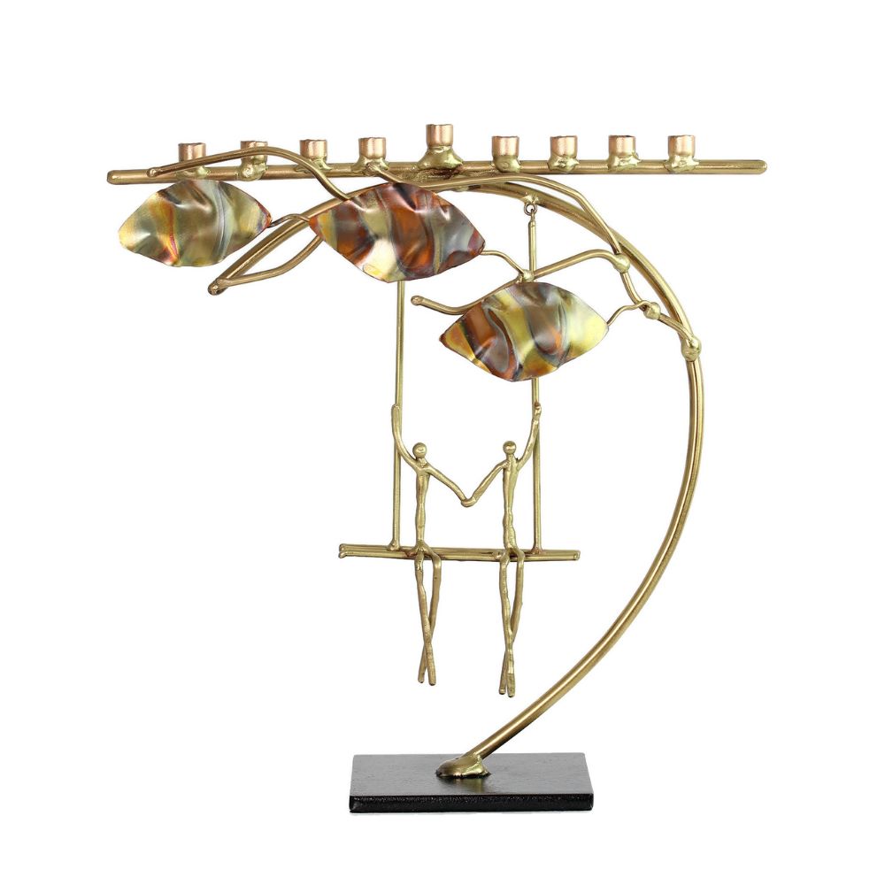 Menorah, Two Figures on a Swing, Even Height Candles, Copper and Brass