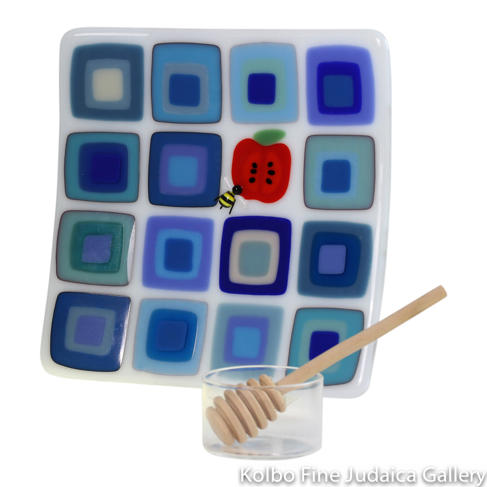 Honey and Apple Set, Blue Pop Art Apple Design, Fused Glass