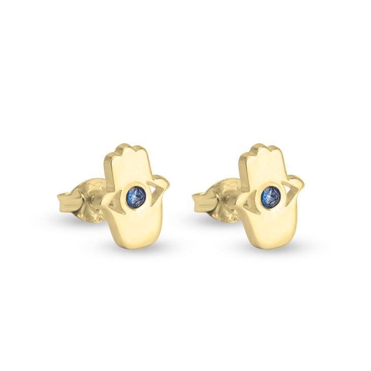 Earrings, Hamsa with Evil Eye, Gold-Plated with Blue Gem