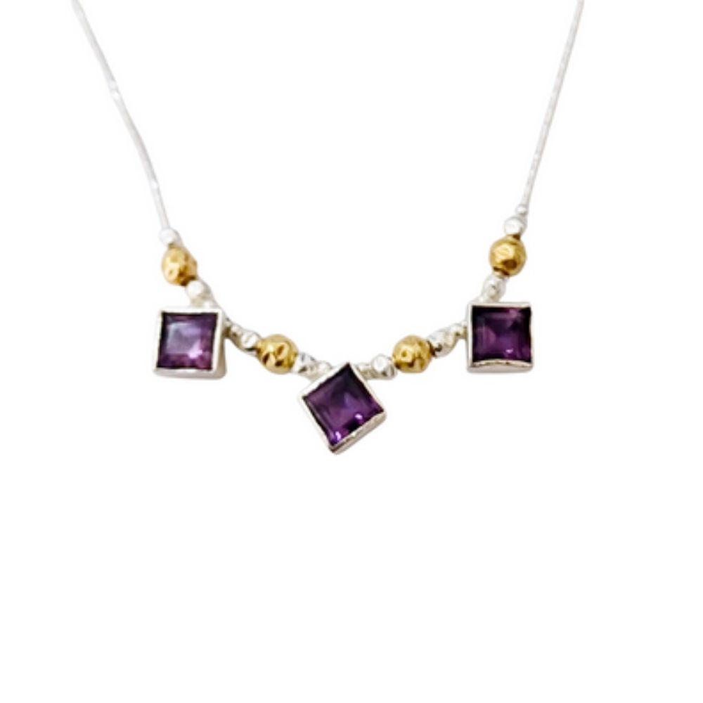 Necklace, Three Amethyst Gems with Sterling Silver and Gold Filled Beads
