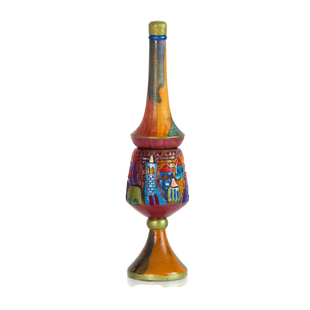 Spicebox, Tall, Hand Carved and Painted Olive Wood with Jerusalem Design