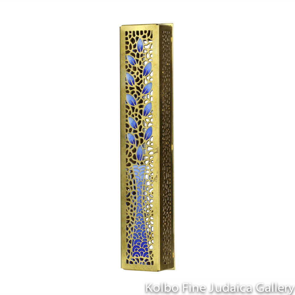 Mezuzah, Blue Tree, Hand Painted Brass, Rectangular