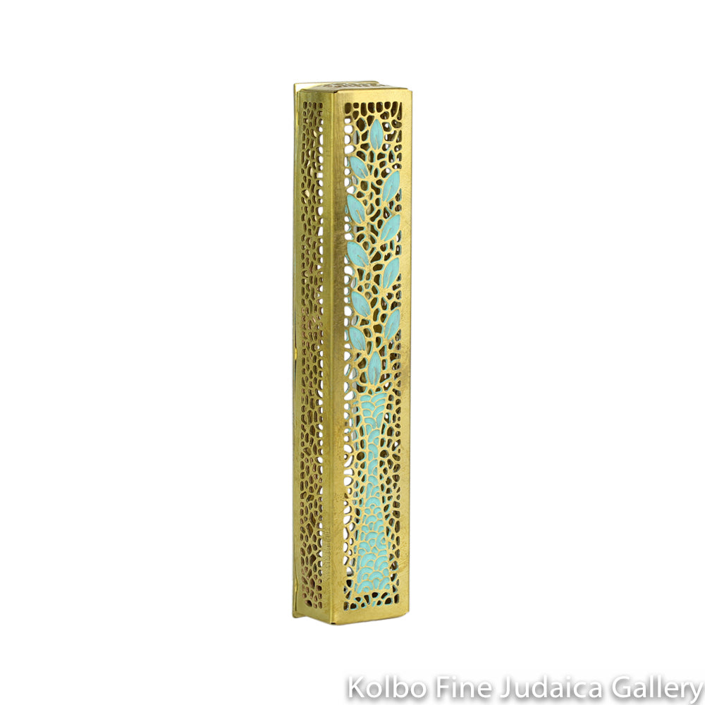 Mezuzah, Patina Tree, Hand Painted Brass, Rectangular