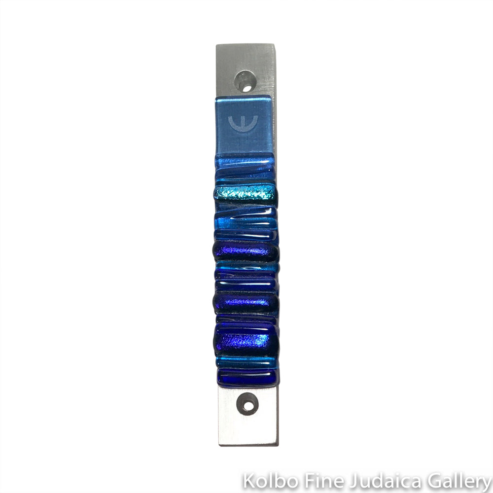 Mezuzah, Iridescent Icicle Collection in Light Cobalt Blue, Fused Glass and Metal