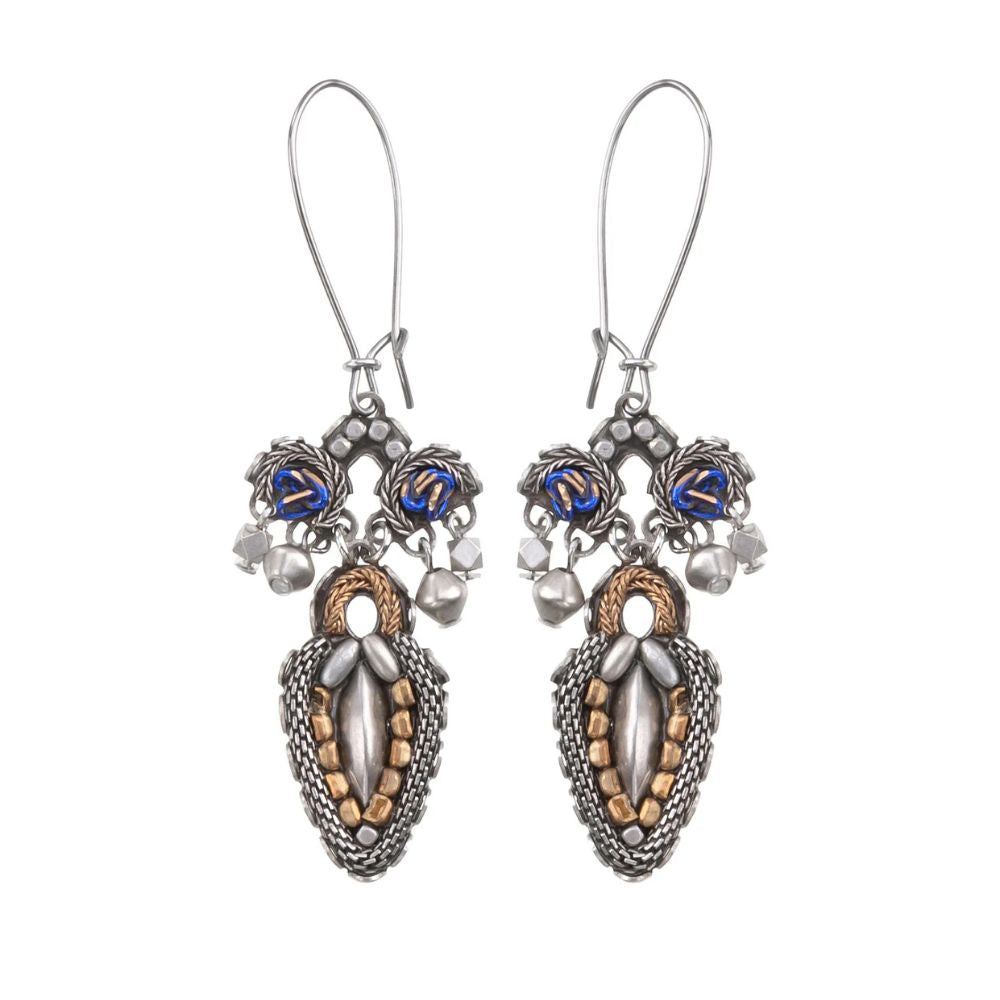 Earrings, Mixed Metal Beading With Blue, Long Wire