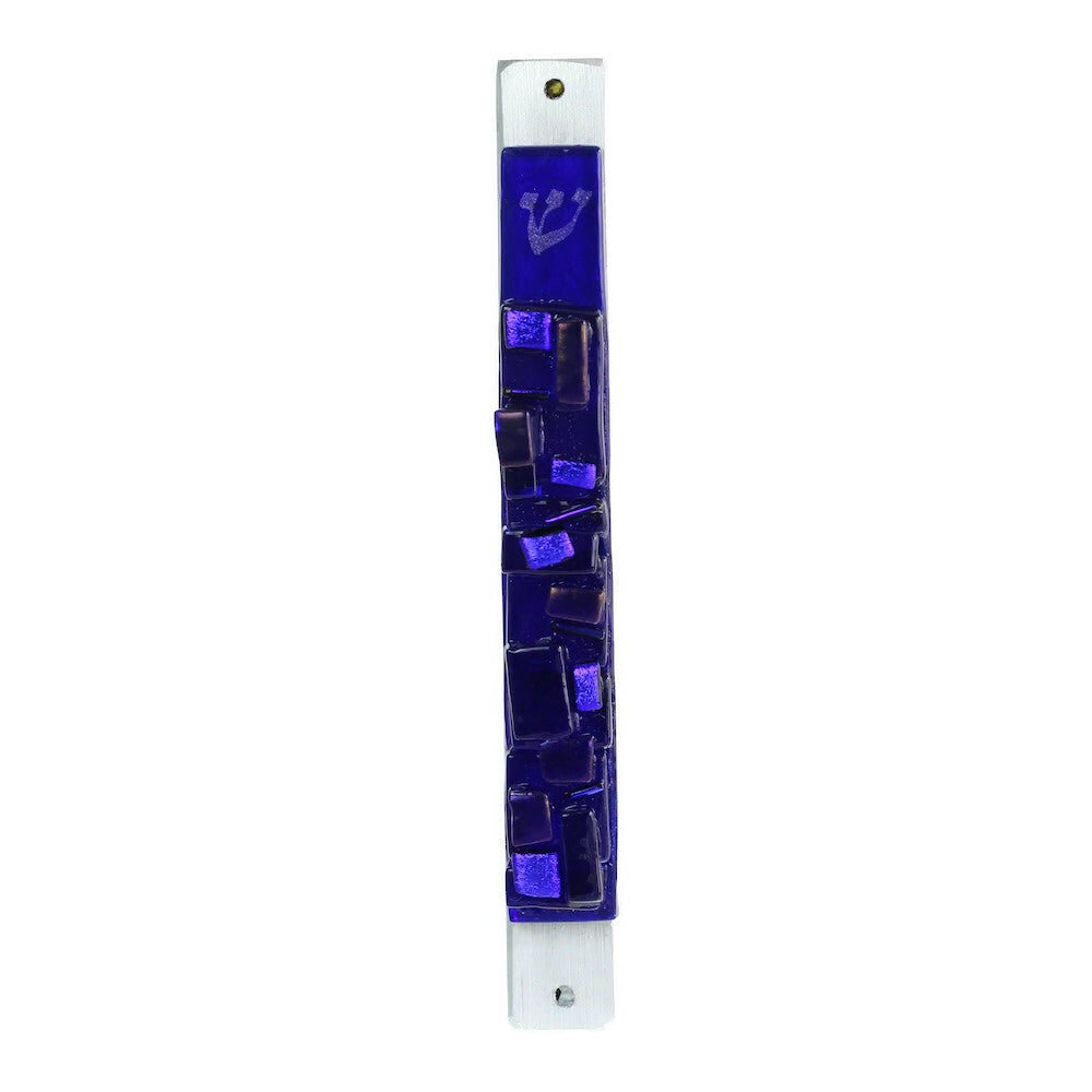 Mezuzah, Western Wall Design, Layered Cobalt Glass on Pewter Backing