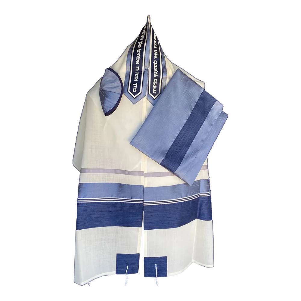 Tallit Set, Brushed Cotton with Slate Blue Raw Silk and Textured Blue Band, 24x72