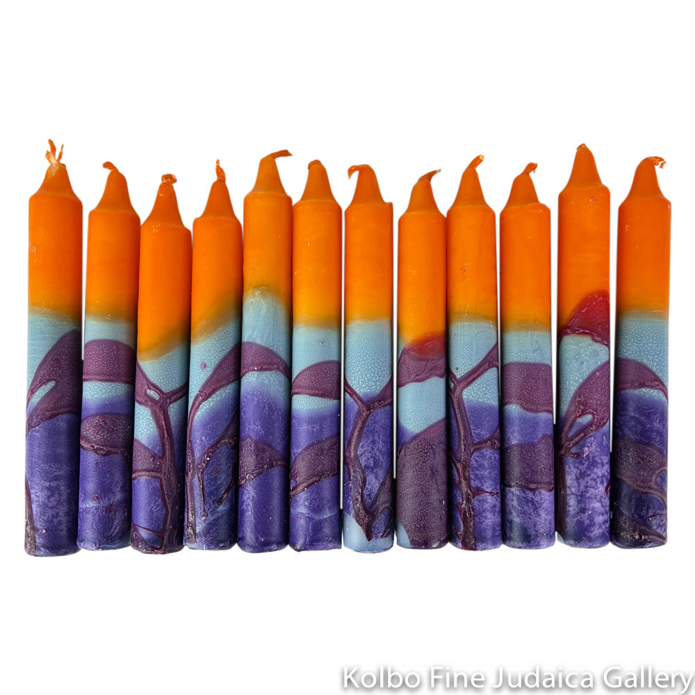 Shabbat Candles, Orange, Turquoise, and Blue, Includes 12 Tapered Candles, Made in Israel