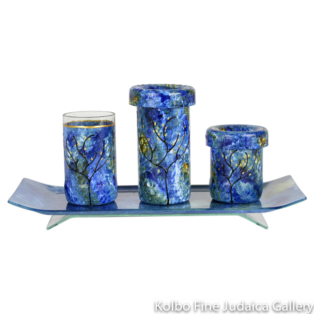 Havdalah Set, Glass with Hand Painted, Tree of Life, Blue and Green Tones