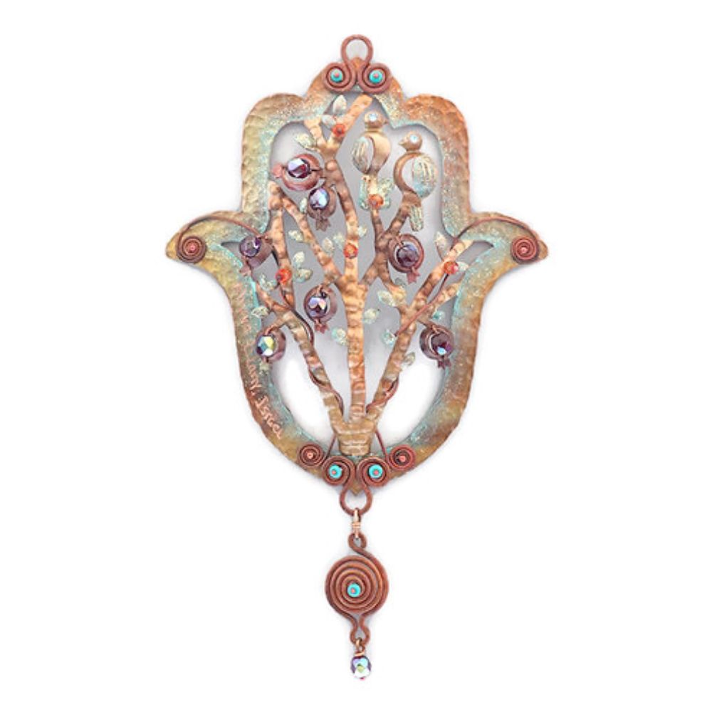 Hamsa, Pomegranate Tree with Lovebirds, Copper and Swarovski Crystal
