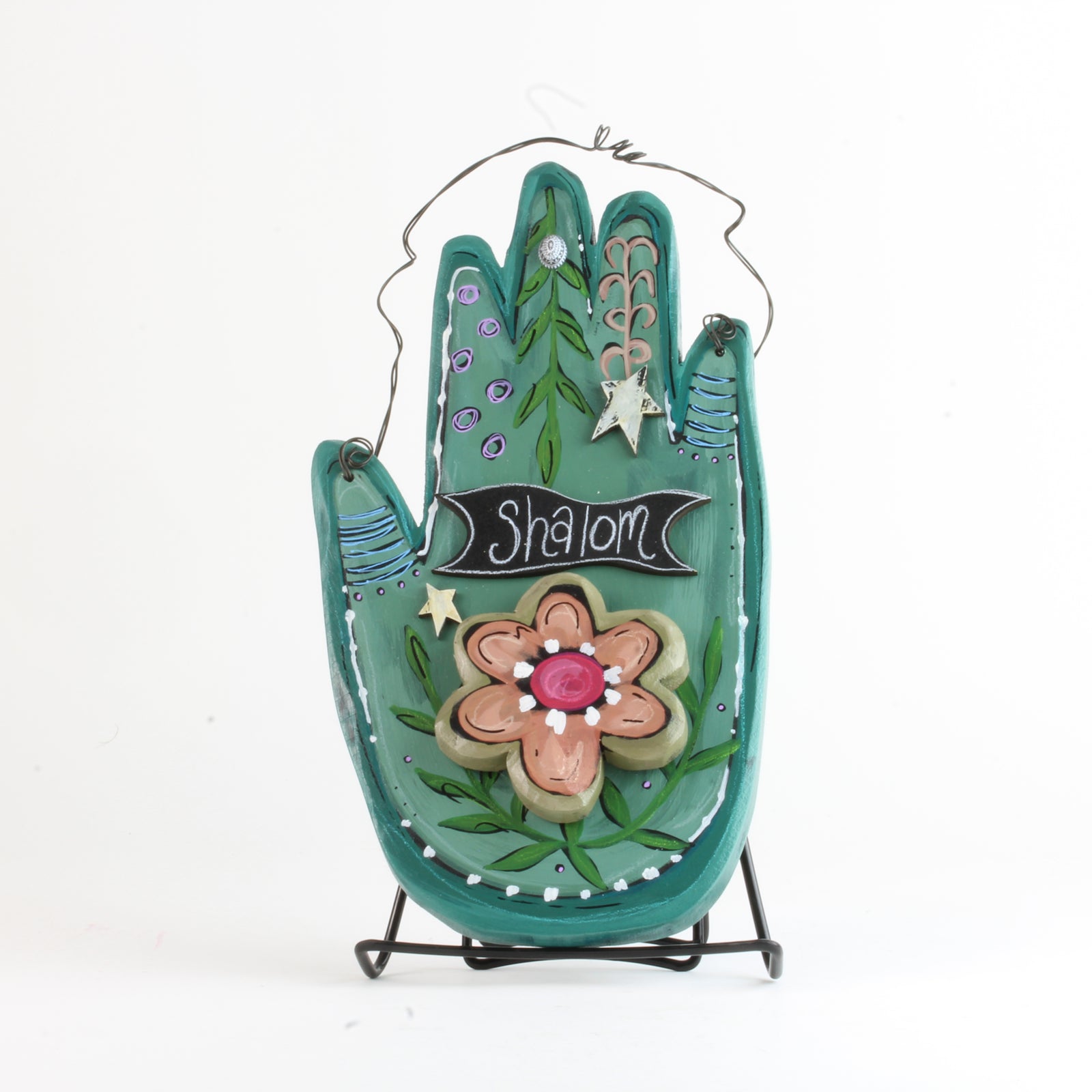 Hamsa, Wall Art, Hand Made, Painted Wood, Shalom, Flower on Teal
